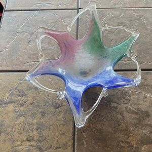 Murano Multicolor Starburst Glass Bowl - Pink Green Blue Accents